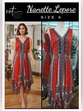Nanette Lepore Dress 4 Calypso Red Floral Handkerchief Hem Sleeveless Lined Boho